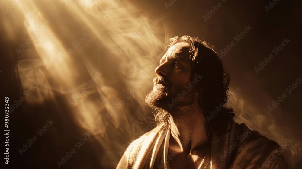 Jesus Christ in deep prayer, illuminated by a soft, heavenly light, symbolizing divine presence Jesus Christ in deep prayer, illuminated by a soft, heavenly light, symbolizing divine presence