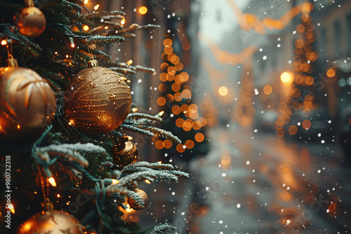 Blurred view of city street with festive lights at night. Abstract defocus background with christmas bokeh lights on streets decorated for christmas in european city in December
