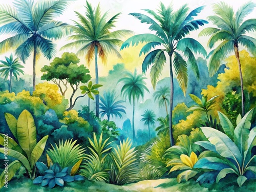 Vibrant watercolor illustration of lush tropical trees and exotic leaves in shades of green, blue, and yellow, evoking a sense of serene island paradise.