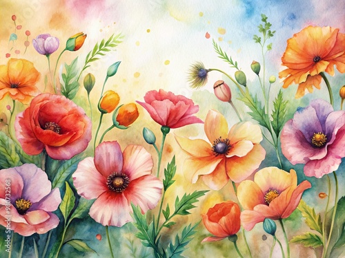 Vibrant watercolor floral background features bright poppy flowers on a soft white canvas, providing ample copy space for text, perfect for spring and summer designs.