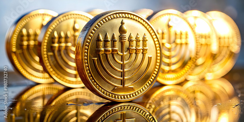 Macro Shot of Reflective Gold Hanukkah Gelt with Futuristic Engravings - Modern Traditional Menorah Coin Concept in Photo Stock photo