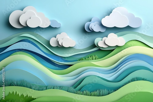 Minimalist Paper-Cut Landscape with Rolling Hills and Clouds, Symbolizing Peace and Tranquility in Mental Health