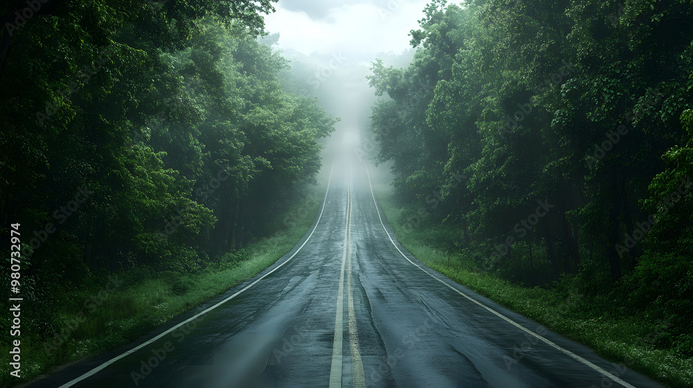 Misty Forest Road with Yellow Center Line in a Foggy Landscape Misty Forest Road with Yellow Center Line in a Foggy Landscape