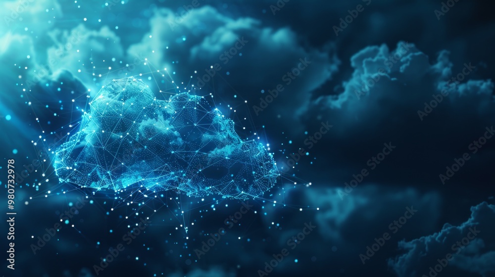 A bright, sparkling digital cloud emerges against a dark blue backdrop, composed of interconnected lines and dots, contrasting with scattered white clouds. A bright, sparkling digital cloud emerges against a dark blue backdrop, composed of interconnected lines and dots, contrasting with scattered white clouds.