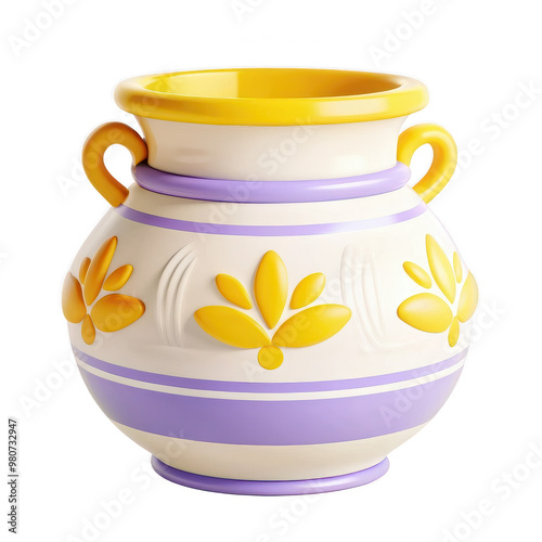 A colorful ceramic vase with handles and a floral pattern in shades of purple and yellow. The vase has a symmetrical decorative design and two round handles on either side.