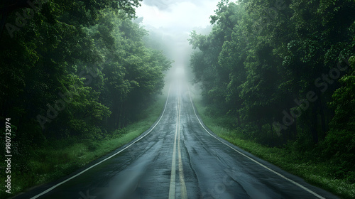 Misty Forest Road with Yellow Center Line in a Foggy Landscape