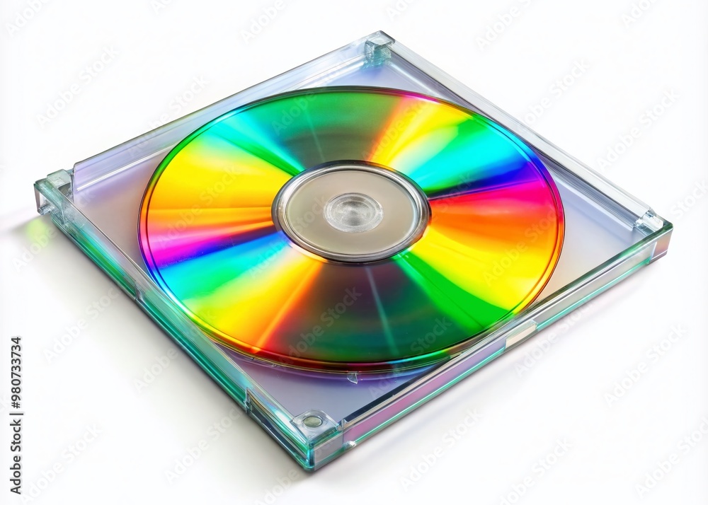 A closed, transparent, plastic jewel case containing a reflective silver compact disc, with a colorful insert and clear A closed, transparent, plastic jewel case containing a reflective silver compact disc, with a colorful insert and clear
