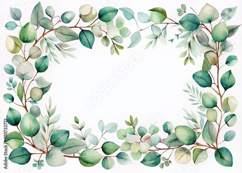 Delicate watercolor border frame adorned with fresh eucalyptus twigs and subtle botanical elements, evoking a sense of serenity and natural elegance on a soft white background.