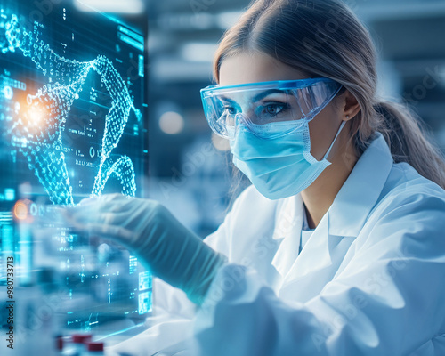 A woman in a lab coat is wearing a mask and gloves while looking at a computer screen. Concept of caution and professionalism, as the woman is likely working with potentially hazardous materials