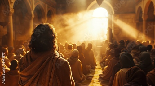 Jesus leading a prayer in a temple, his voice filling the sacred space