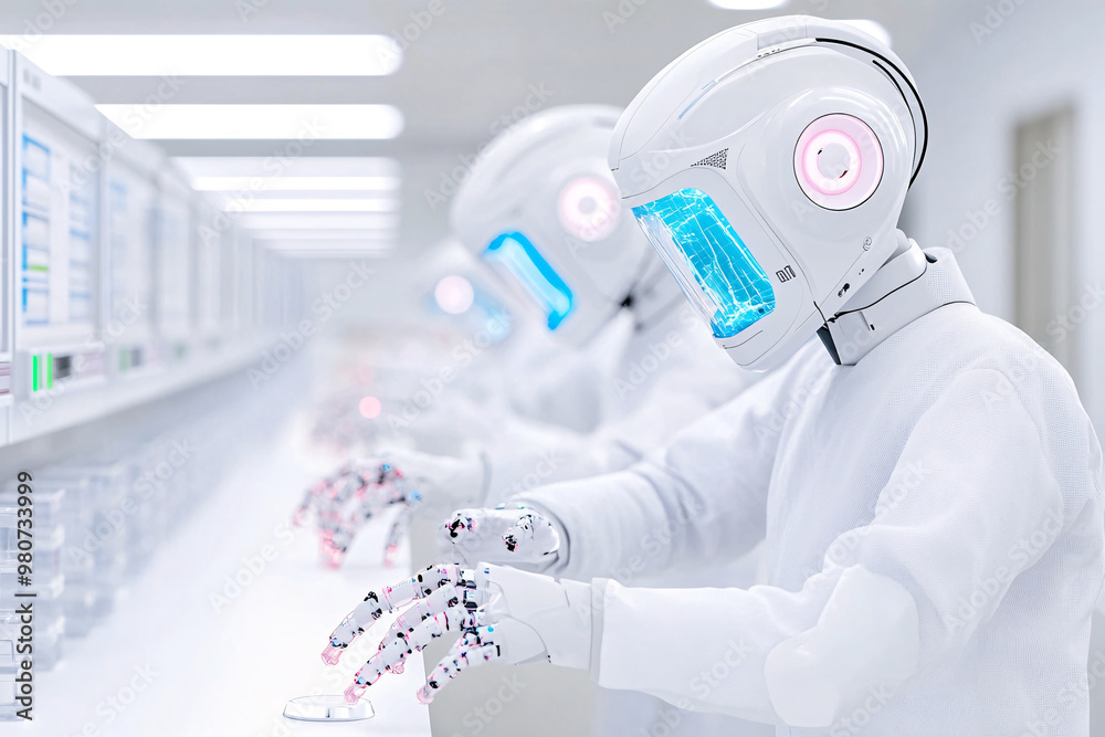 Fototapeta premium Three robots are working in a lab, with one of them wearing a blue helmet. The robots are all white and appear to be working on a project. Scene is serious and focused