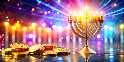 Vibrant Glowing Hanukkah Gelt Floating in Abstract Digital Space - Festive E-commerce Banner Design with Light Effects and Colorful Atmosphere