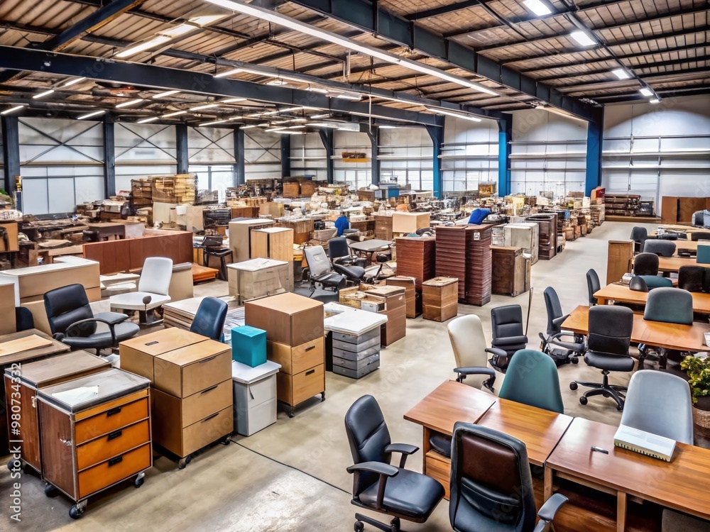 A cluttered warehouse stores a vast array of second-hand office furniture, including desks, chairs, shelves, and filing A cluttered warehouse stores a vast array of second-hand office furniture, including desks, chairs, shelves, and filing