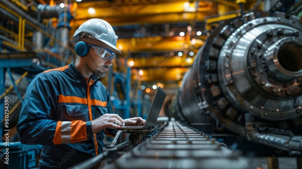 An engineer in safety gear with a laptop works in an industrial setting. Large metal machinery and yellow structures indicate a high-tech, professional environment. An engineer in safety gear with a laptop works in an industrial setting. Large metal machinery and yellow structures indicate a high-tech, professional environment.