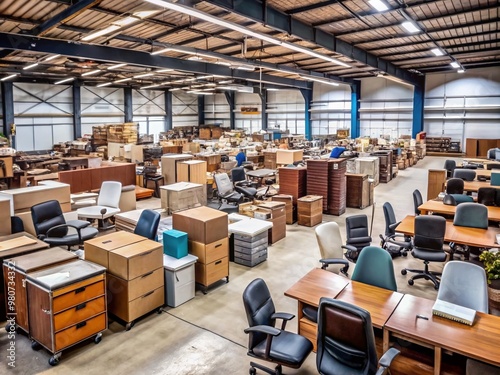 A cluttered warehouse stores a vast array of second-hand office furniture, including desks, chairs, shelves, and filing