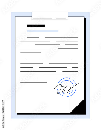 A document on a clipboard with a signature signifies completion. Ideal for office environments, administrative tasks, legal agreements, formal communication, workplace organization. Simple, clean, mod