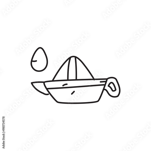 Line drawing illustration of a lemon squeezer with an egg.