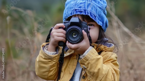 Learning to take pictures, a child adjusting the settings on a digital camera photo