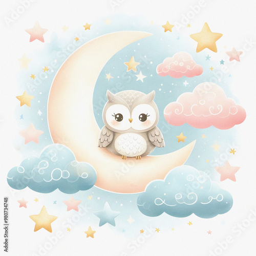 Watercolor illustration of cute owl sitting on the moon with cloud with stars. Nursery concept. Children's room. photo