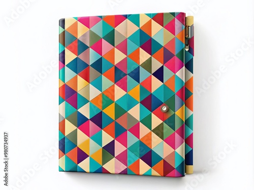 A colorful, modern binder cover with a geometric pattern and sturdy design, perfect for organizing and storing photo