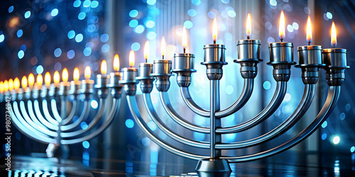 Futuristic Metallic Menorah: Close-Up of Glowing Hanukkah Candles with High-Tech Flame Reflections - Perfect for Photo Stock Concepts