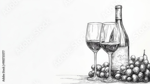 Aesthetic ink sketch of wine bottle and glasses with grapes. Copy space. Winery invitation. Generative AI photo