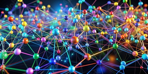 A colorful 3D illustration of a trie data structure visualizing a complex network of interconnected nodes and branches photo