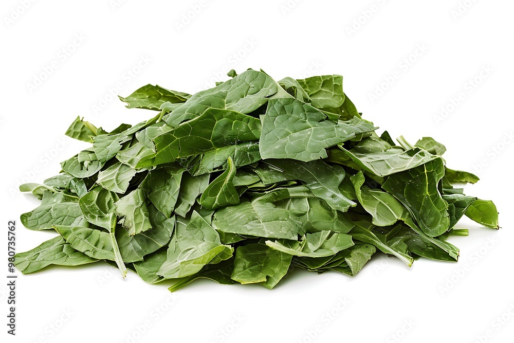 Heap of fresh green baby spinach leaves isolated on white background Heap of fresh green baby spinach leaves isolated on white background
