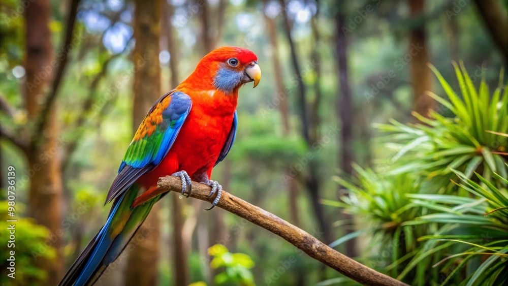 A parrot perched on a branch in a lush Australian forest. A parrot perched on a branch in a lush Australian forest.