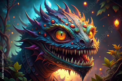 A colorful illustration of a fantastical creature with razor-sharp teeth, glowing eyes, and scaly skin, lurking in the photo