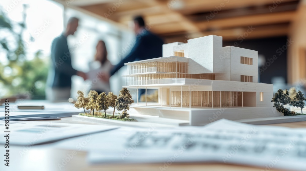 Architectural Model and Blurred Businesspeople. Architectural Model and Blurred Businesspeople.