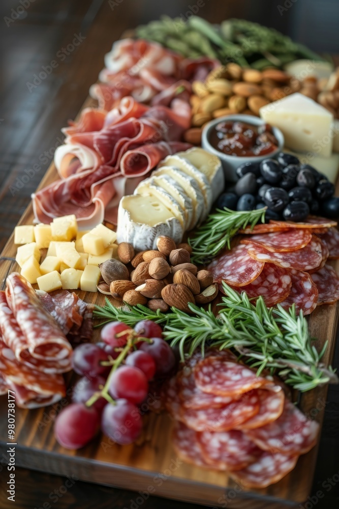 An exquisitely arranged charcuterie board featuring a selection of cured meats, artisan cheeses, nuts, and fresh fruit, perfect for sophisticated gatherings An exquisitely arranged charcuterie board featuring a selection of cured meats, artisan cheeses, nuts, and fresh fruit, perfect for sophisticated gatherings