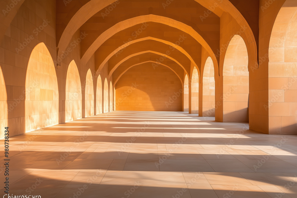 Sunlit arches creating symmetrical shadows in a serene architectural space Sunlit arches creating symmetrical shadows in a serene architectural space