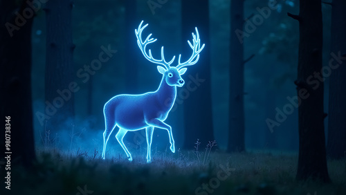 a glowing blue stag leaping through a forest photo