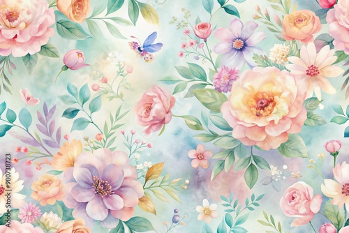 Soft pastel hues adorn this seamless vector flower pattern backdrop, featuring whimsical watercolor blooms in a dreamy, AI-generated design perfect for spring-inspired projects.