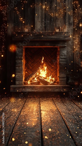 Wooden background with glitter effects and fireplace