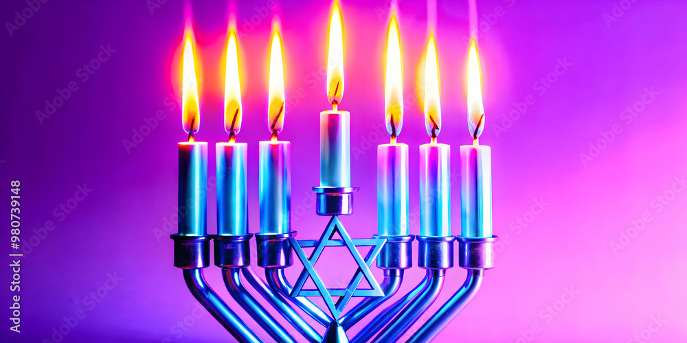 Fototapeta premium Macro Shot of Futuristic Hanukkah Candle with LED Wick Glowing in Bright Neon Colors - Modern Twist on Traditional Holiday Symbol