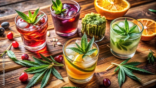 Vibrant assorted CBD cocktail drinks garnished with fresh marijuana cannabis leaves and colorful botanicals, arranged artfully on a modern wooden background. photo