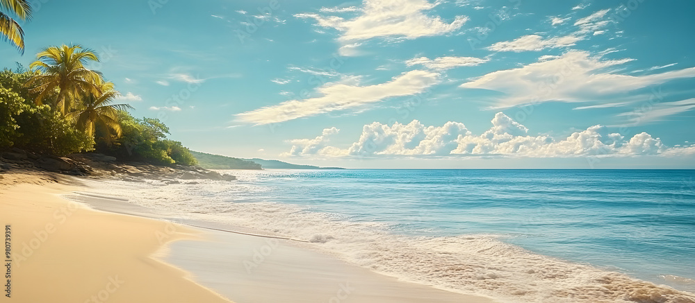 Tropical beach with a sunny sky offers a picturesque sea view embodying the essence of summer in an image with copy space Tropical beach with a sunny sky offers a picturesque sea view embodying the essence of summer in an image with copy space