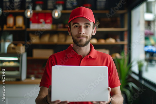 Delivery service in work, courier person guy delivering package straight to client house, Generative AI