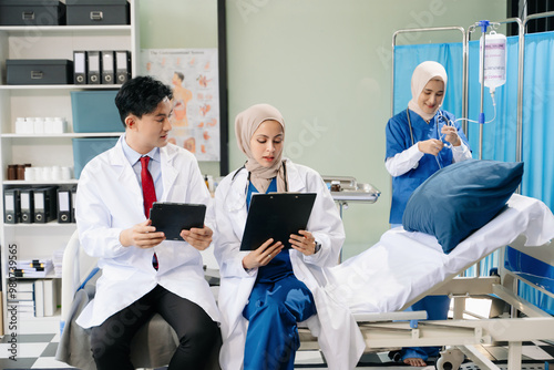 Medical, meeting and laptop for team in discussion, brainstorming and planning. Doctor, nurse on desk