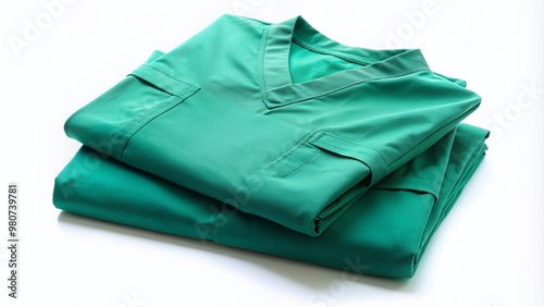 A crisp, clean pair of vibrant green medical scrubs lay folded on a white background, ready for a