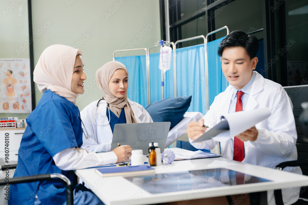 Medical, meeting and laptop for team in discussion, brainstorming and planning. Doctor, nurse on desk Medical, meeting and laptop for team in discussion, brainstorming and planning. Doctor, nurse on desk