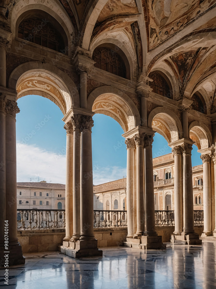 Design a stunning Renaissance palace with a grand courtyard, featuring marble columns, arched windows, and intricate frescoes adorning the walls Design a stunning Renaissance palace with a grand courtyard, featuring marble columns, arched windows, and intricate frescoes adorning the walls