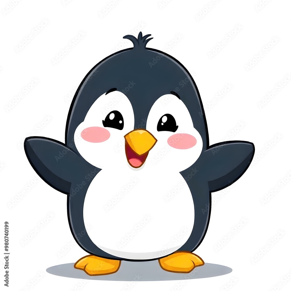 A cute cartoon penguin with a happy expression, standing on its feet and holding its wings out slightly. A cute cartoon penguin with a happy expression, standing on its feet and holding its wings out slightly.