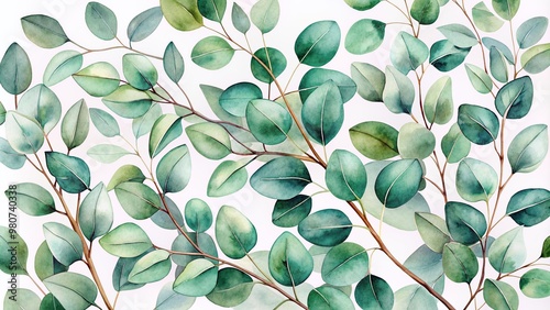 Delicate eucalyptus leaves and branches in soft green hues, intricately illustrated in watercolor style, perfect for botanical and floral designs, digital art, and print materials. photo