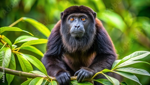 A curious black howler monkey perches on a lush green branch, displaying its distinctive dark fur and expressive photo