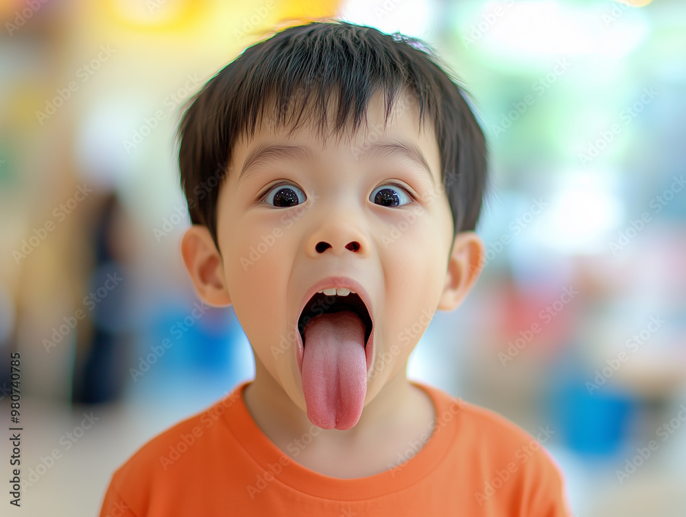 A young boy with an open mouth and tongue sticking out A young boy with an open mouth and tongue sticking out