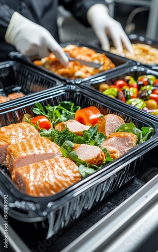 High-speed machine sealing fresh ready-to-eat meals in airtight containers, automated packaging technology, precision food manufacturing in a factory photo