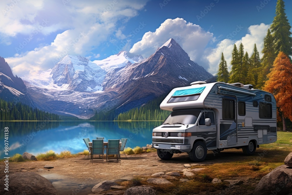 Camper van on the background of mountains and lake. Family vacation on wheels. Vacation trip in a mobile home Camper van on the background of mountains and lake. Family vacation on wheels. Vacation trip in a mobile home